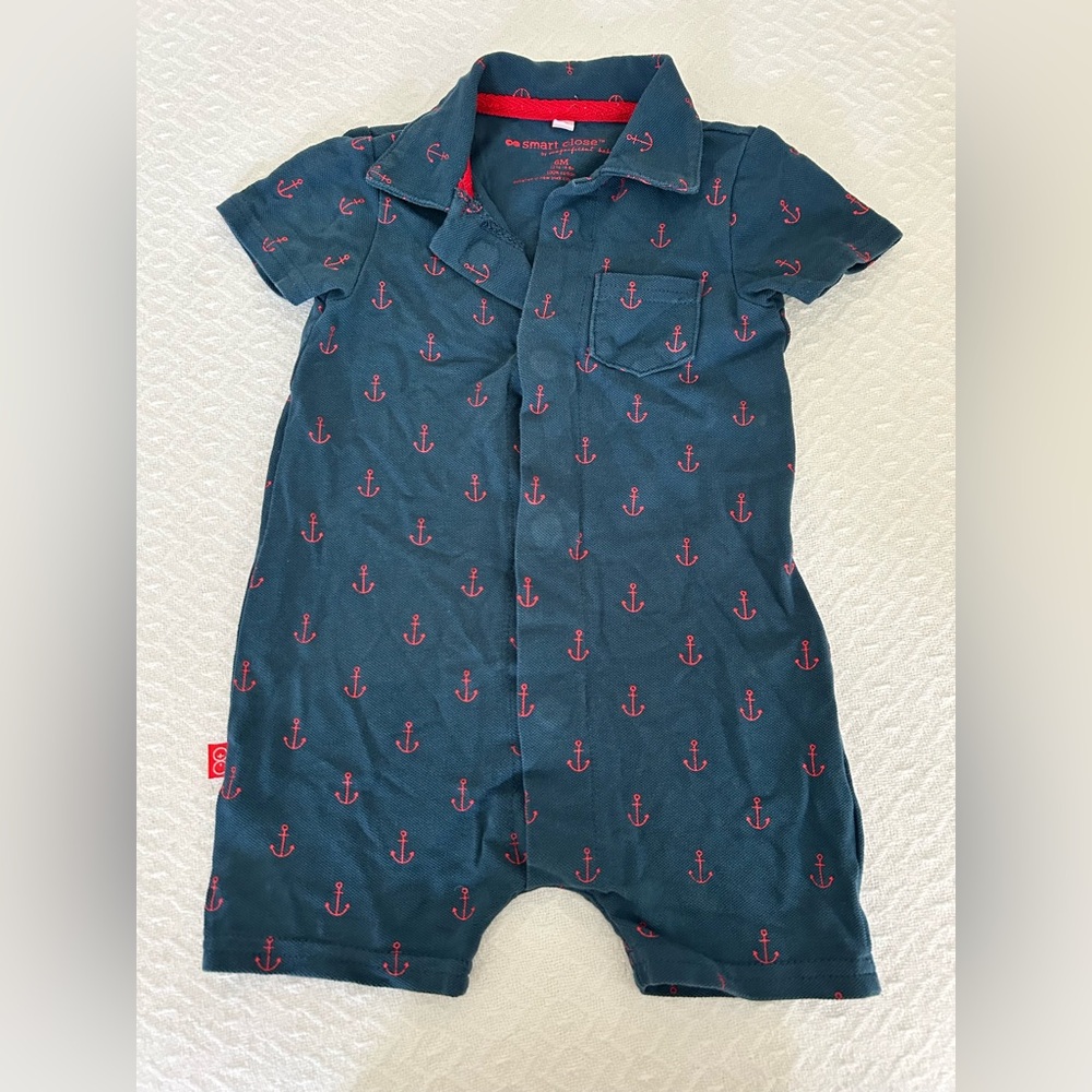 Magnificent Baby Short Sleeve Romper Blue With Anchors 6 Months Magnetic Closure